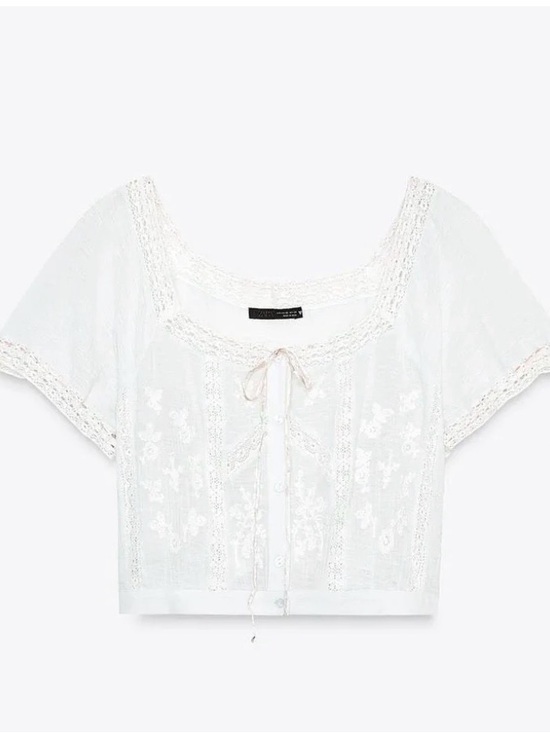 Zara Tops - White Lace-Trim Peasant Crop Top
